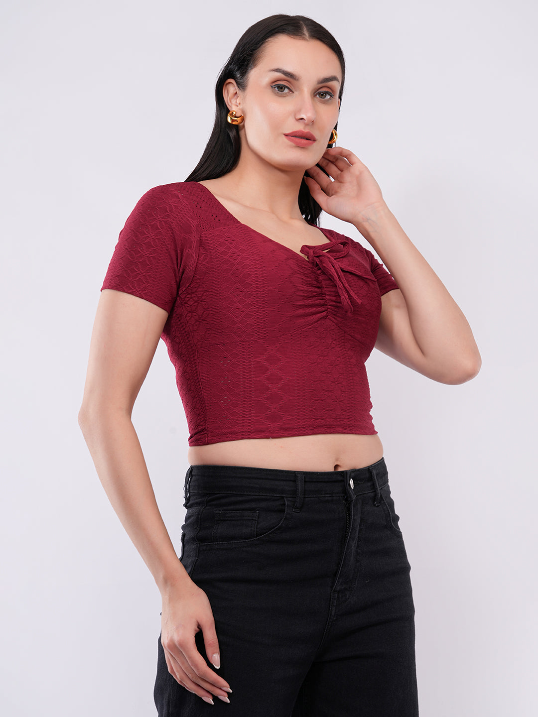 Clobug Women’s Tie-Front Textured Crop Top
