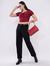 Clobug Women’s Tie-Front Textured Crop Top