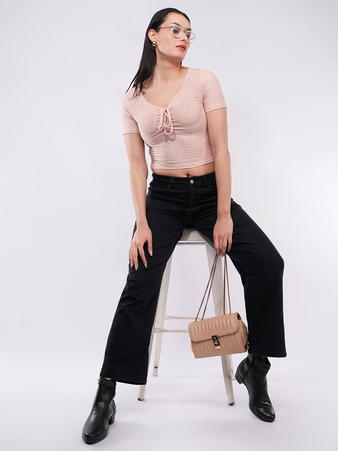 Clobug Women’s Tie-Front Textured Crop Top