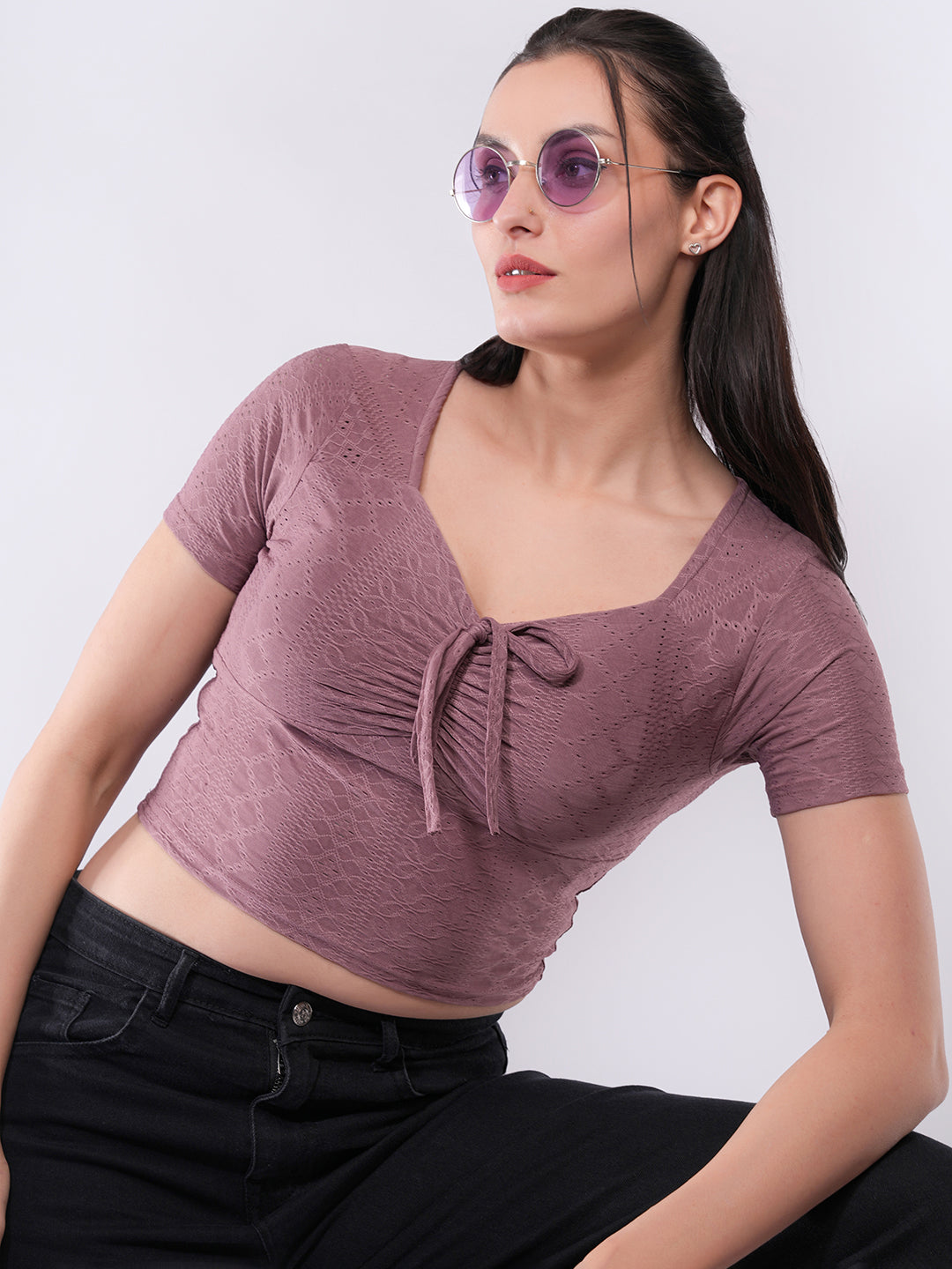 Clobug Women’s Tie-Front Textured Crop Top