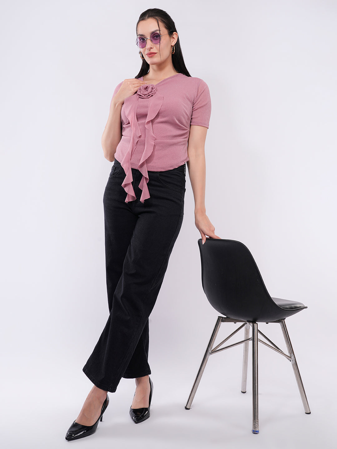 Clobug Women’s Rosette Detail Short Sleeve Top