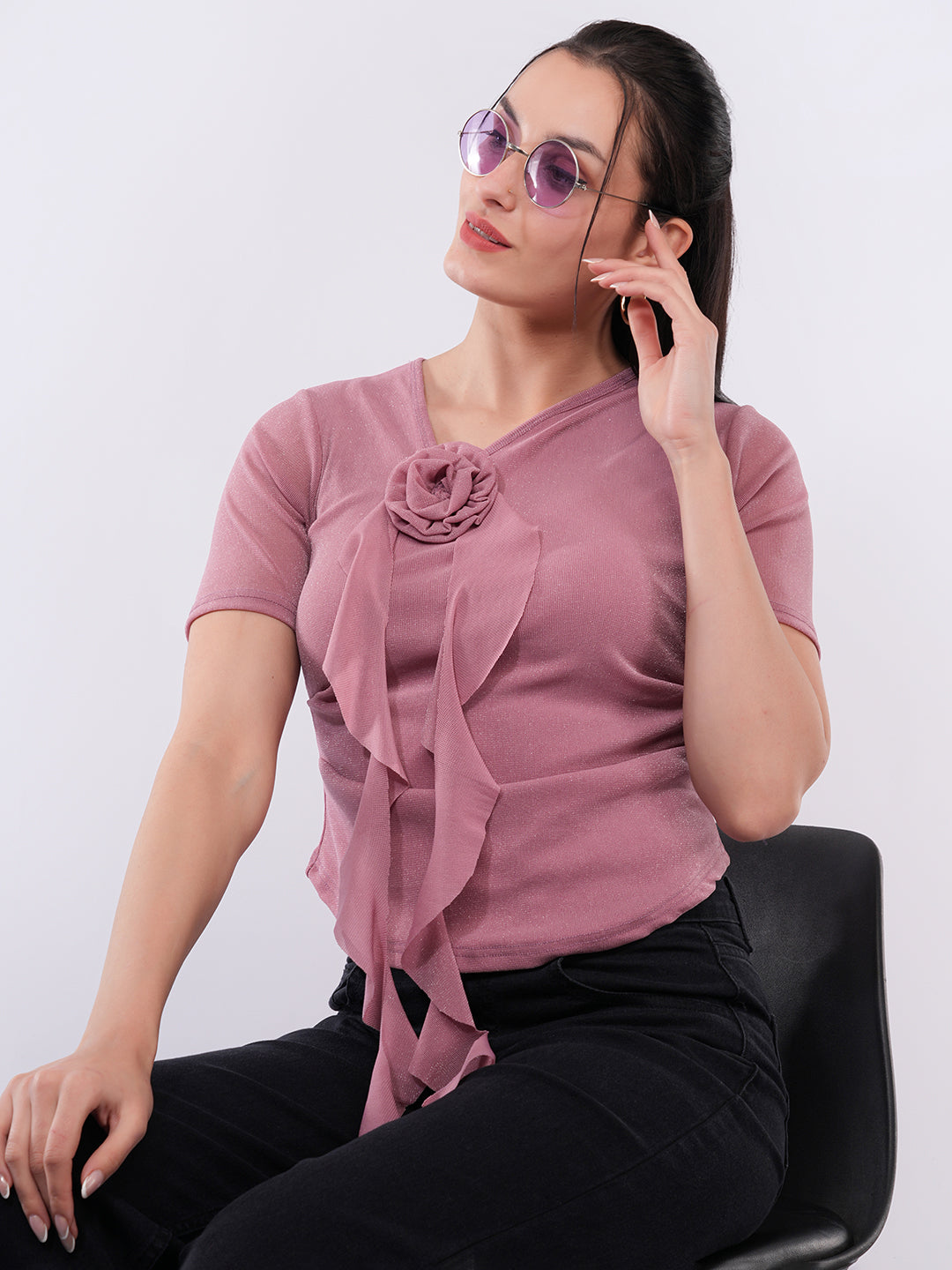 Clobug Women’s Rosette Detail Short Sleeve Top