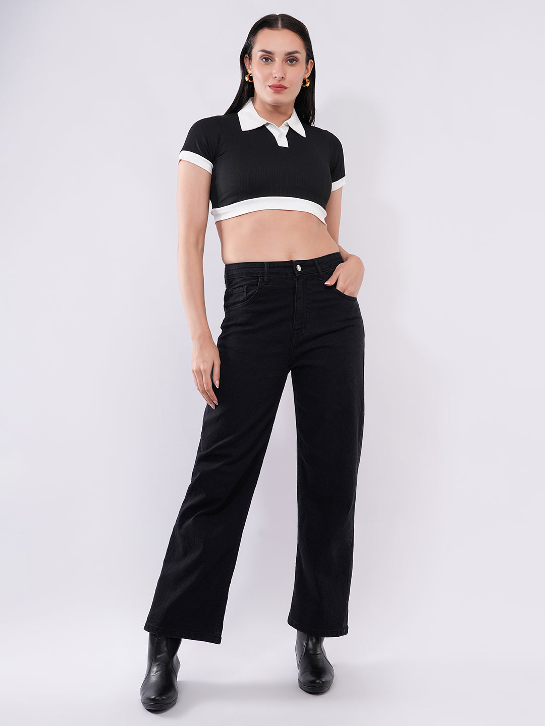 Clobug Women’s Contrast Collar Crop Top