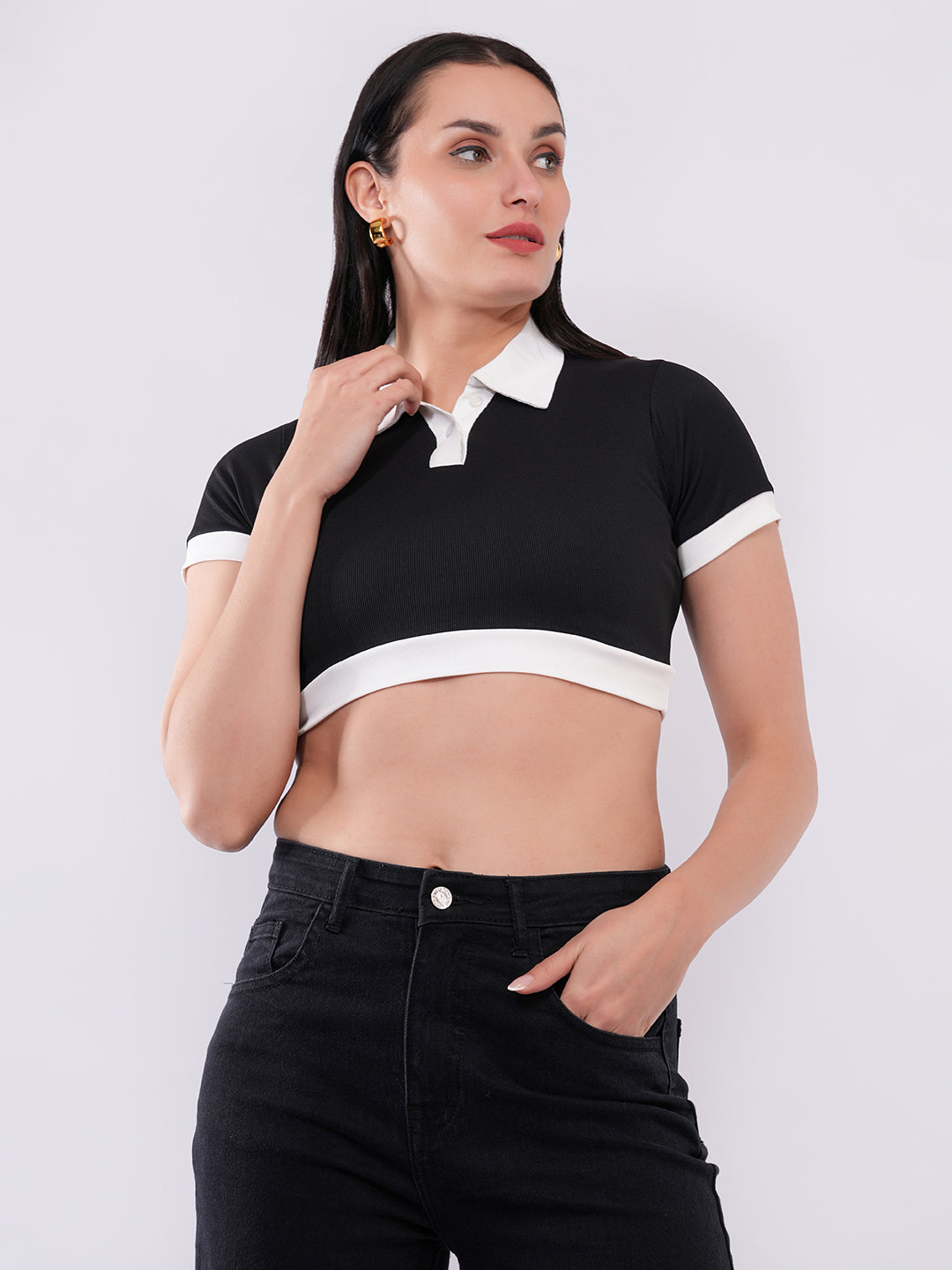 Clobug Women’s Contrast Collar Crop Top