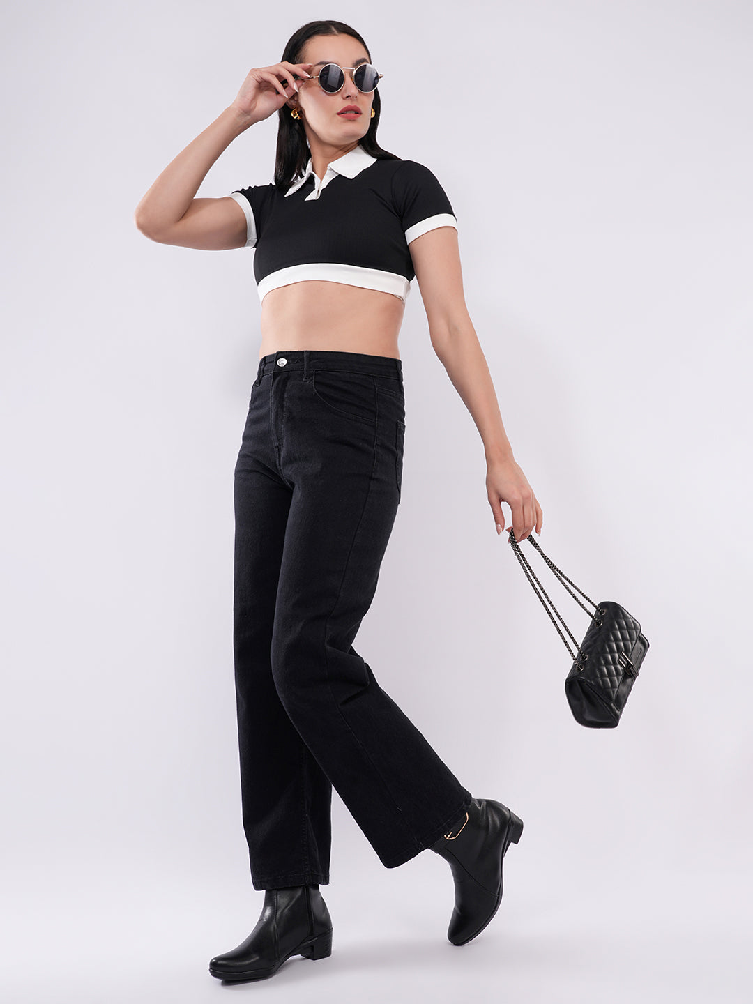 Clobug Women’s Contrast Collar Crop Top