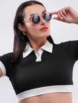 Clobug Women’s Contrast Collar Crop Top