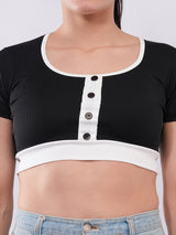 Clobug Women’s Contrast Trim Button Crop Top
