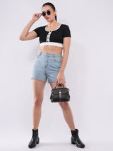 Clobug Women’s Contrast Trim Button Crop Top