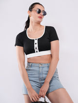 Clobug Women’s Contrast Trim Button Crop Top