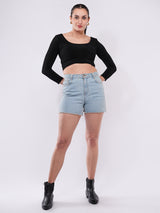 Clobug Women’s Black Back-Cut Long Sleeve Crop Top