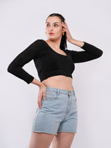 Clobug Women’s Black Back-Cut Long Sleeve Crop Top