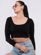 Clobug Women’s Black Back-Cut Long Sleeve Crop Top