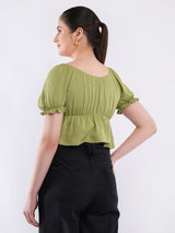 Clobug Puff Sleeve Tie-Front Crop Top