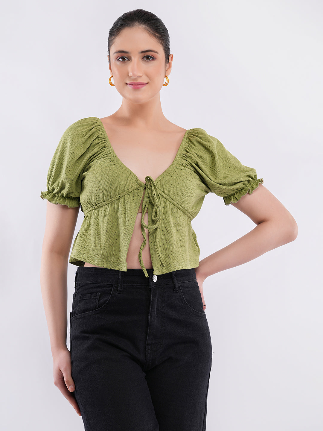 Clobug Puff Sleeve Tie-Front Crop Top