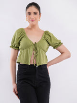 Clobug Puff Sleeve Tie-Front Crop Top