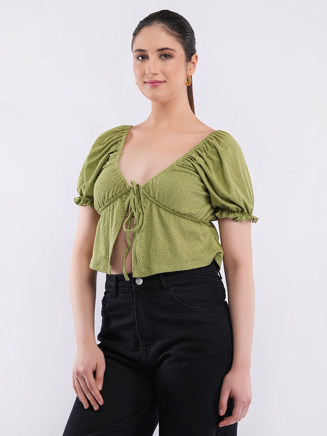 Clobug Puff Sleeve Tie-Front Crop Top