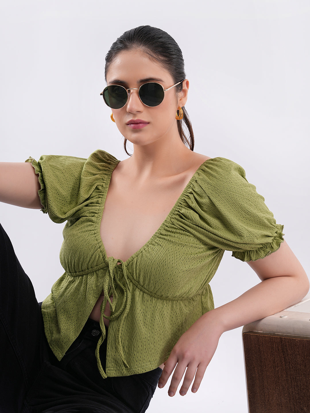 Clobug Puff Sleeve Tie-Front Crop Top