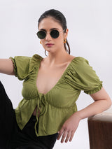 Clobug Puff Sleeve Tie-Front Crop Top