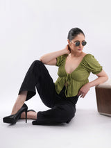 Clobug Puff Sleeve Tie-Front Crop Top