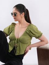 Clobug Puff Sleeve Tie-Front Crop Top