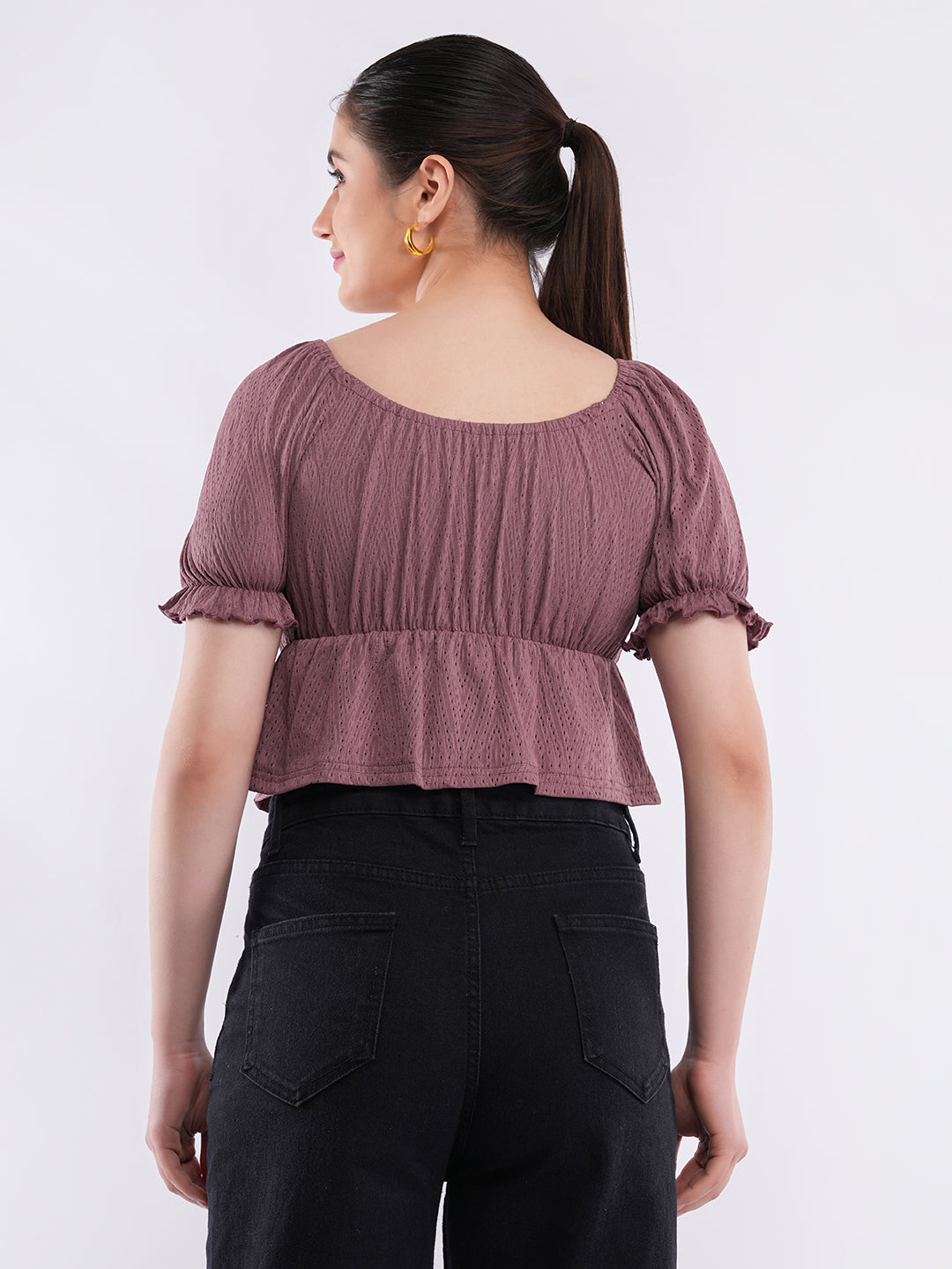 Clobug Puff Sleeve Tie-Front Crop Top
