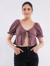 Clobug Puff Sleeve Tie-Front Crop Top
