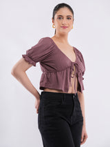 Clobug Puff Sleeve Tie-Front Crop Top