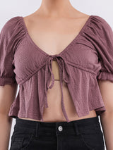 Clobug Puff Sleeve Tie-Front Crop Top