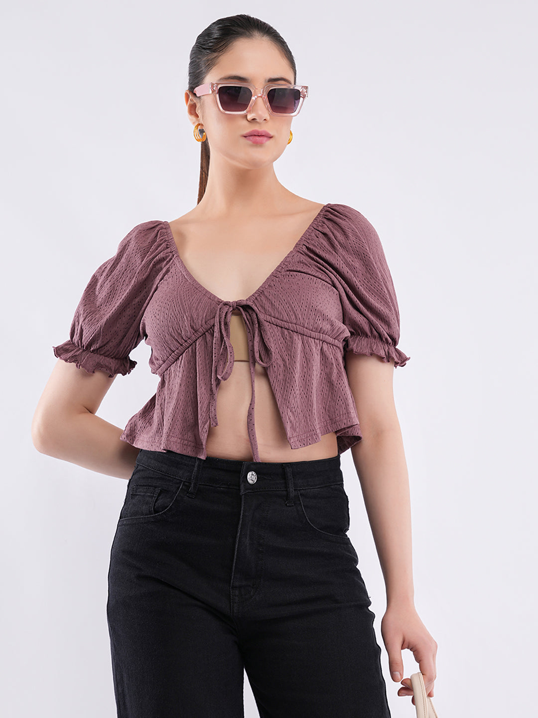 Clobug Puff Sleeve Tie-Front Crop Top
