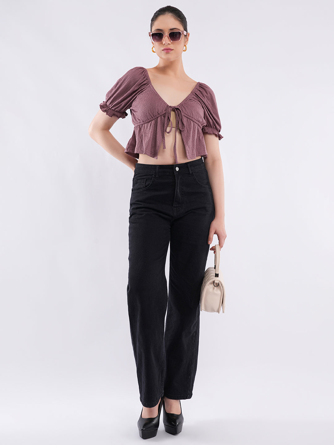 Clobug Puff Sleeve Tie-Front Crop Top
