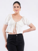 Clobug Puff Sleeve Tie-Front Crop Top