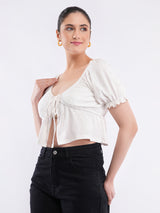 Clobug Puff Sleeve Tie-Front Crop Top