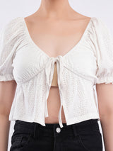Clobug Puff Sleeve Tie-Front Crop Top