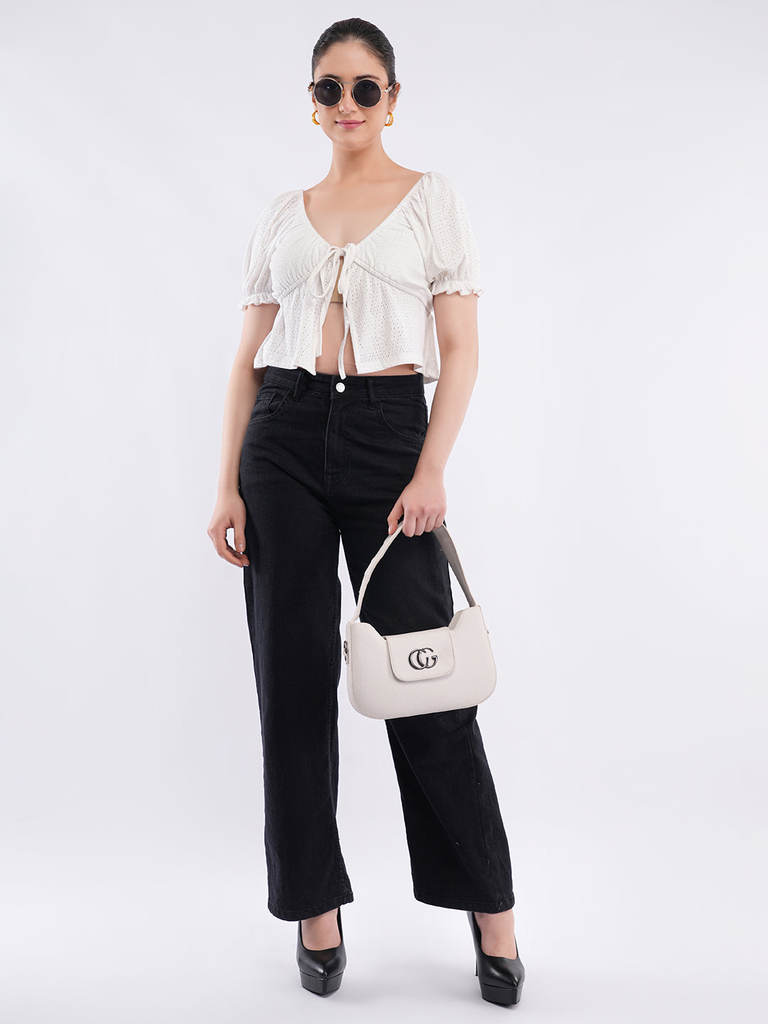 Clobug Puff Sleeve Tie-Front Crop Top