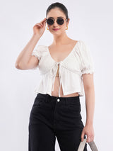 Clobug Puff Sleeve Tie-Front Crop Top