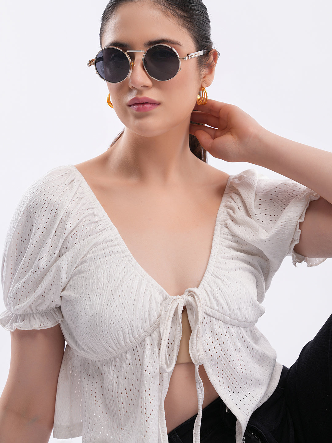Clobug Puff Sleeve Tie-Front Crop Top