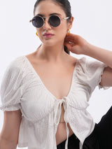Clobug Puff Sleeve Tie-Front Crop Top