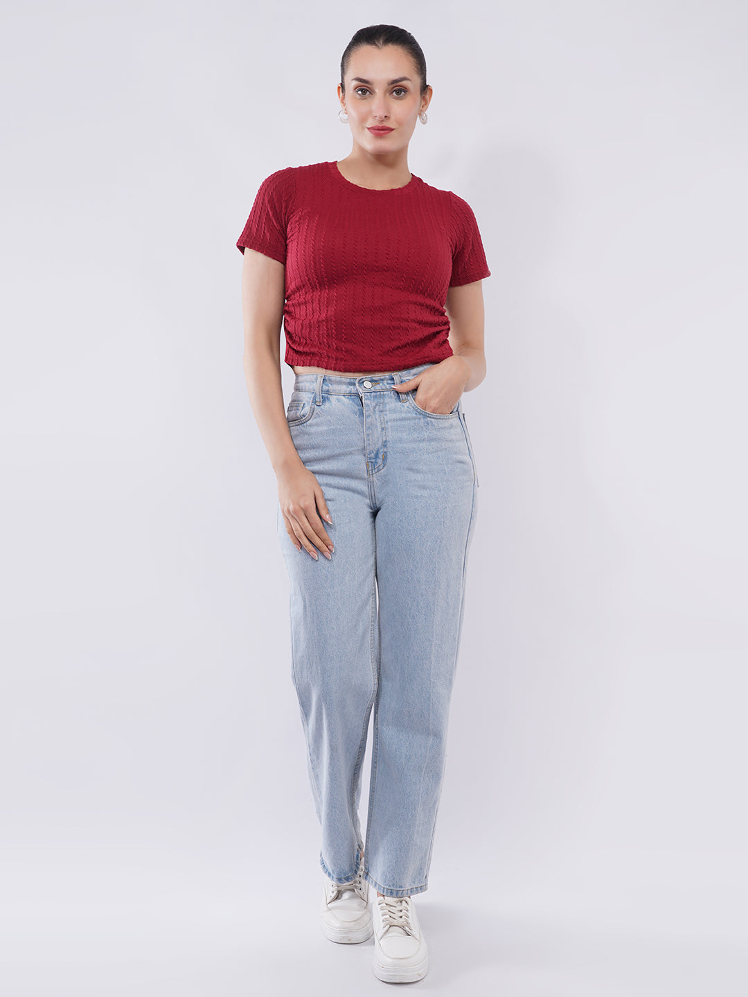 Clobug Women Textured Rib Knit Fitted Crop Top