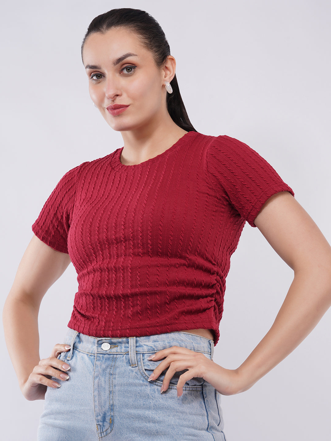 Clobug Women Textured Rib Knit Fitted Crop Top