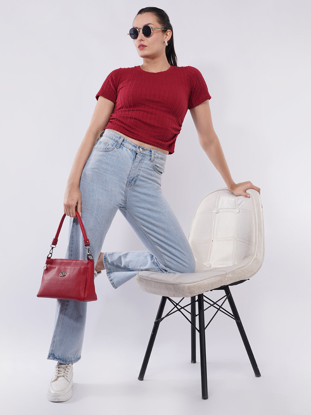 Clobug Women Textured Rib Knit Fitted Crop Top