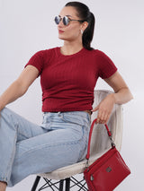 Clobug Women Textured Rib Knit Fitted Crop Top