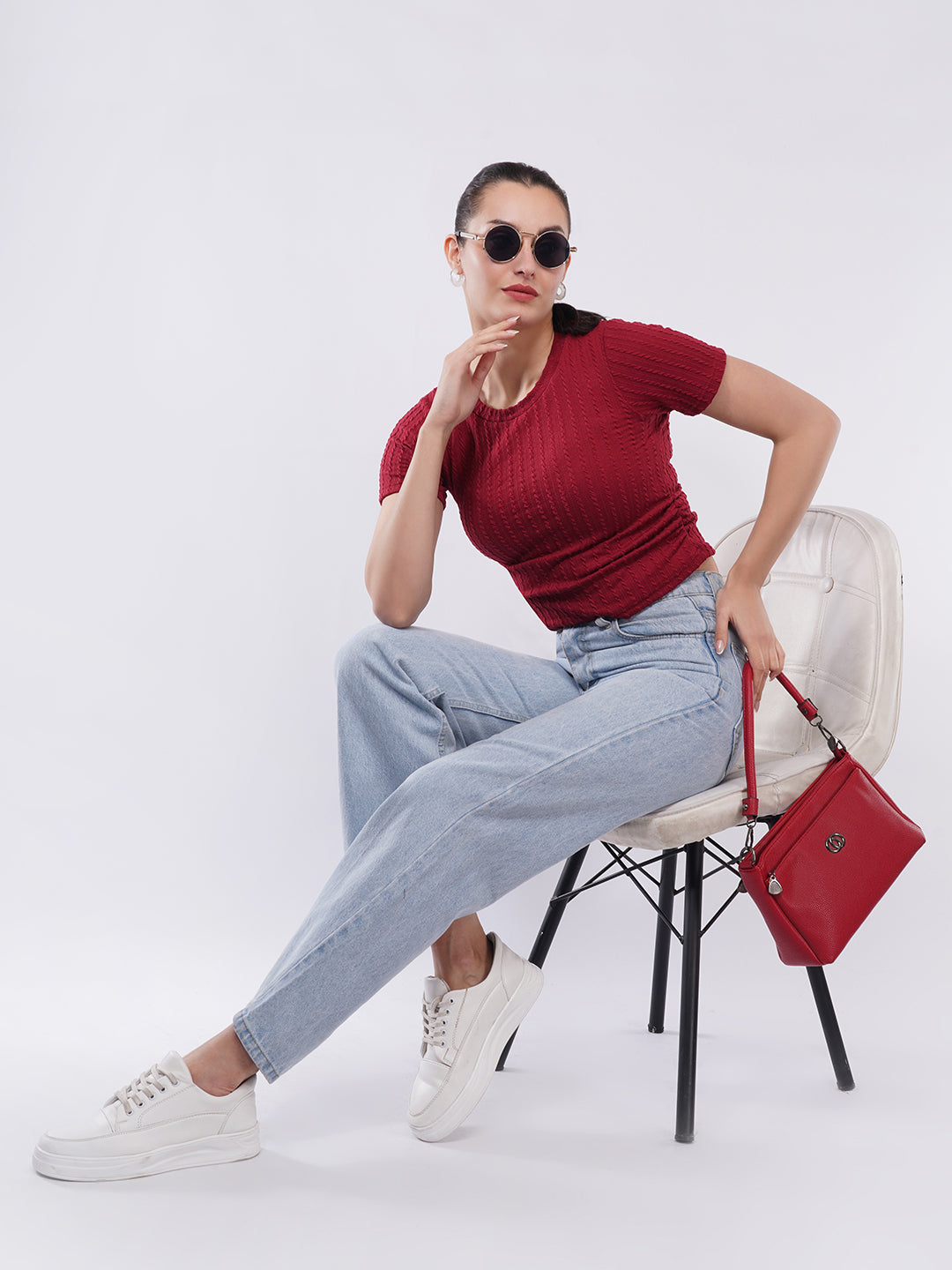 Clobug Women Textured Rib Knit Fitted Crop Top