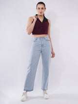 Clobug Women Maroon Collared Button Crop Top