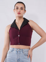 Clobug Women Maroon Collared Button Crop Top