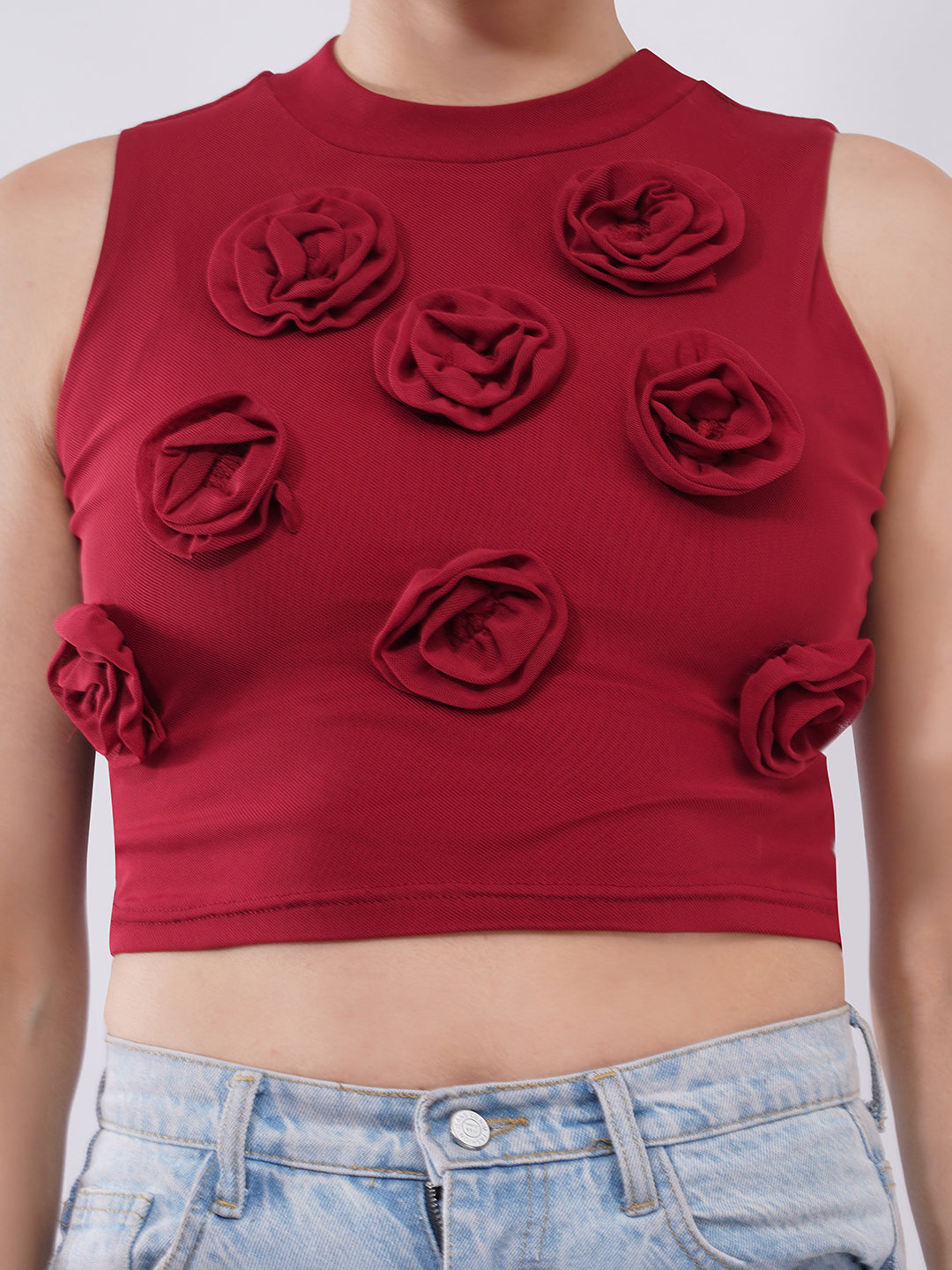 Clobug Women’s Rose Applique High-Neck Crop Top