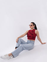 Clobug Women’s Rose Applique High-Neck Crop Top