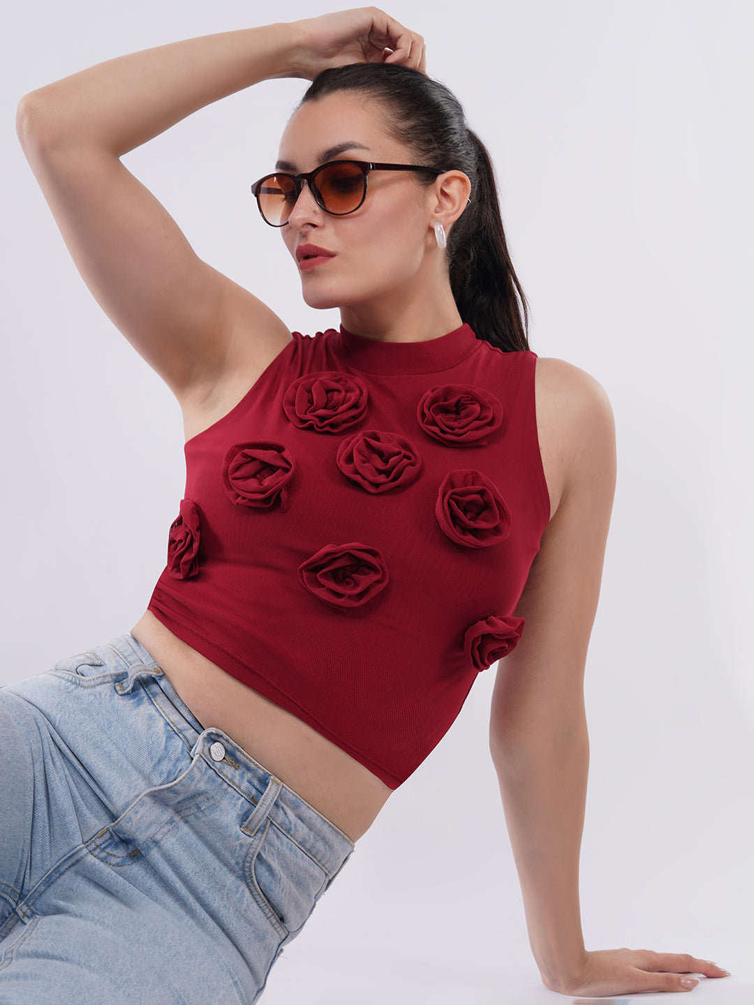 Clobug Women’s Rose Applique High-Neck Crop Top