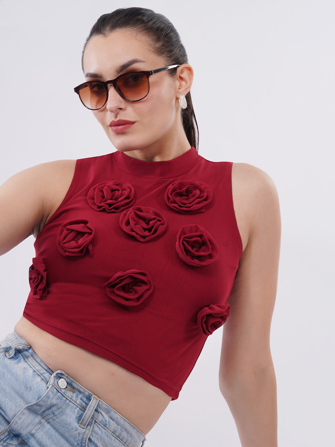 Clobug Women’s Rose Applique High-Neck Crop Top