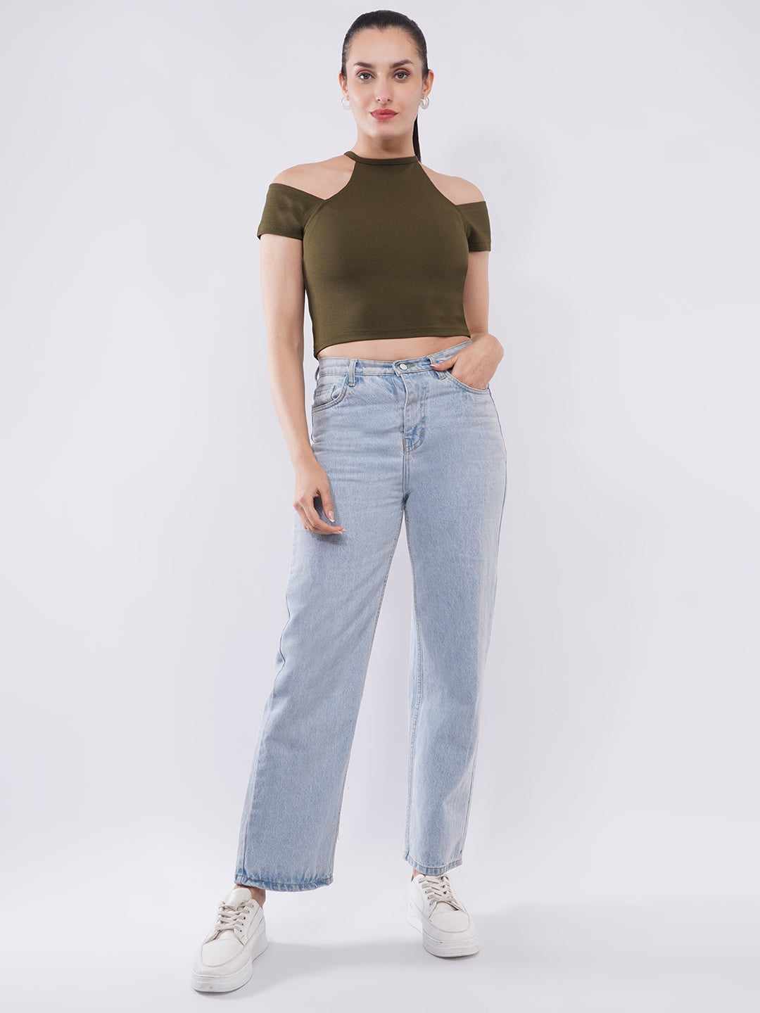 Clobug Women Solid Cold-Shoulder High Neck Crop Top