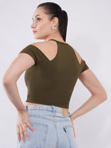 Clobug Women Solid Cold-Shoulder High Neck Crop Top